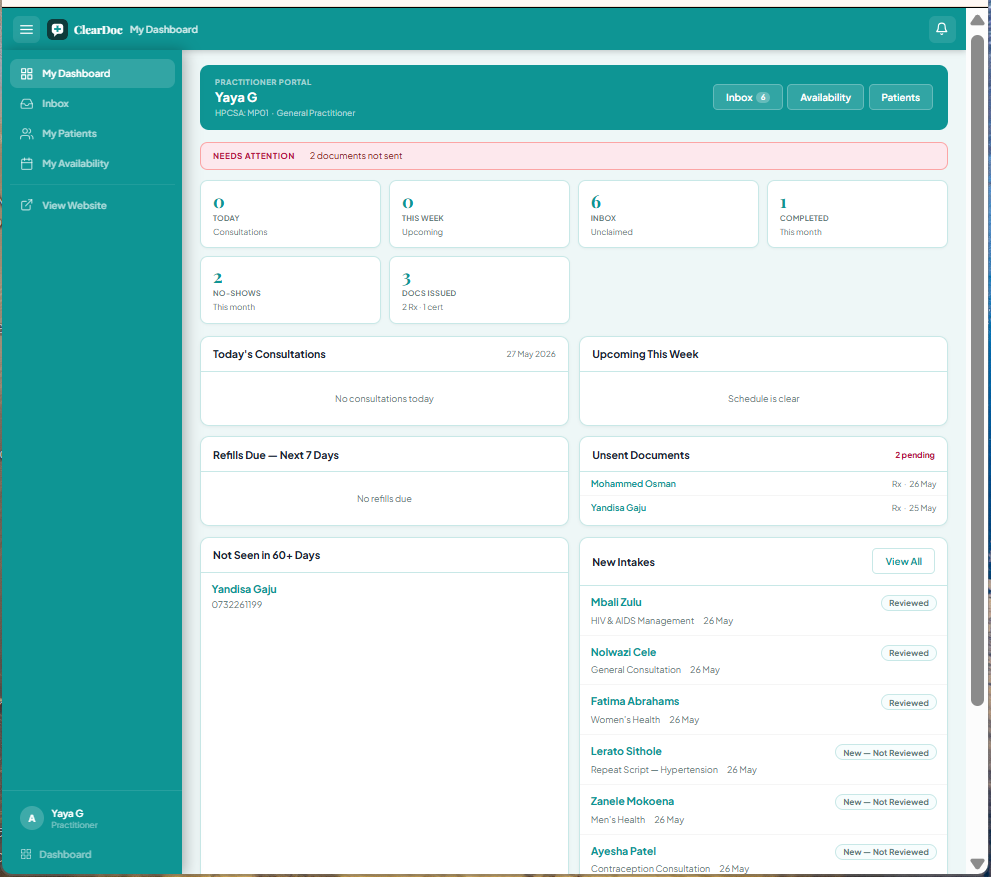 ClearDoc practitioner dashboard
